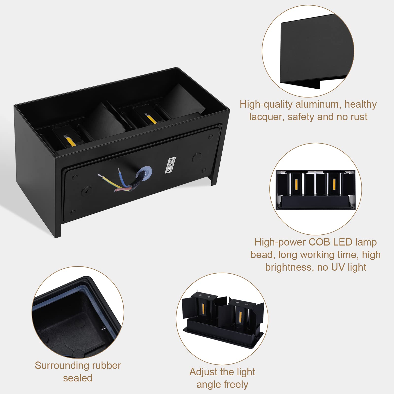 ENCOFT 2pcs 24W Aplique Pared Exterior Interior Moderno Lampara Exterior Ángulo de Luz Ajustable en Aluminio Apliques de Pared de LED Escaleras Impermeable IP65 Blanco Cálido 3000K Negro