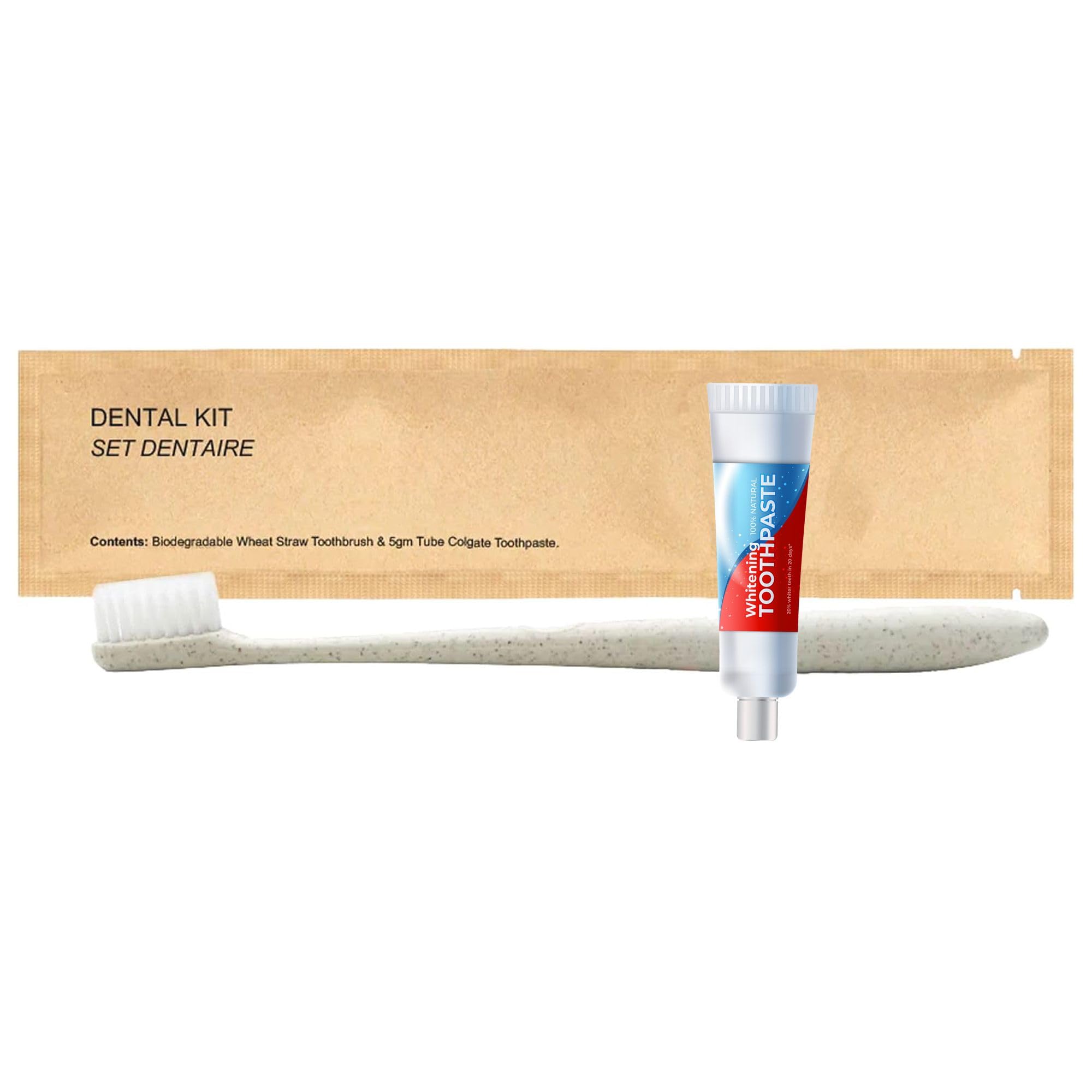 World Amenities Kraft Paper Dental Kit - Wheat Straw Toothbrush and Toothpaste Dental Care Kit 100