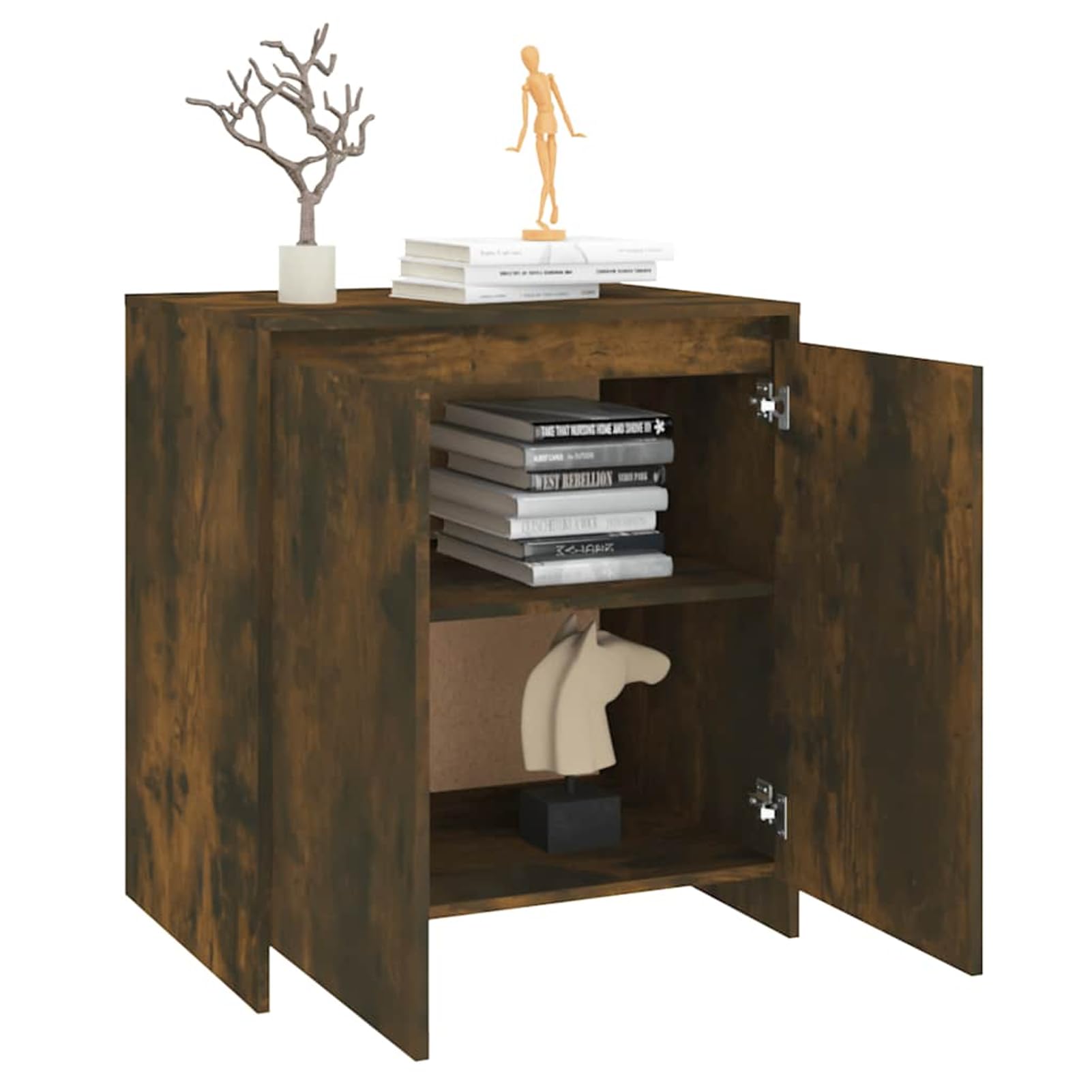 Kredens z materiału drewnopochodnego 70 x 41 x 75 cm w kolorze dębu wędzonego z dużą ilością miejsca do przechowywania książek i urządzeń multimedialnych