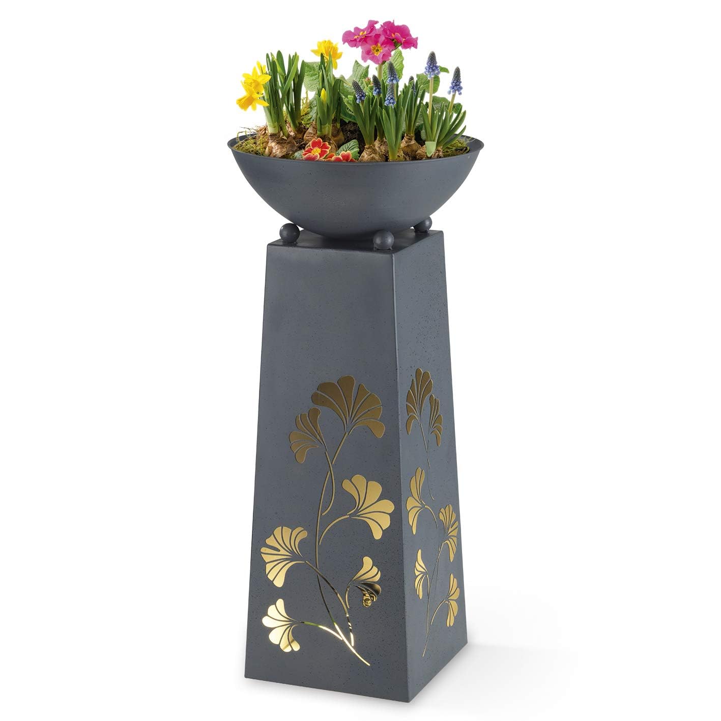 Hoberg LED Fioriera su piedistallo Foglie di Ginkgo Design in Color Cemento | Vaso Rimovibile (Ø 34cm) Adatto per Uso Interno ed Esterno | Illuminazione Integrata, USB o Solare [23 x 23 x 70 cm]