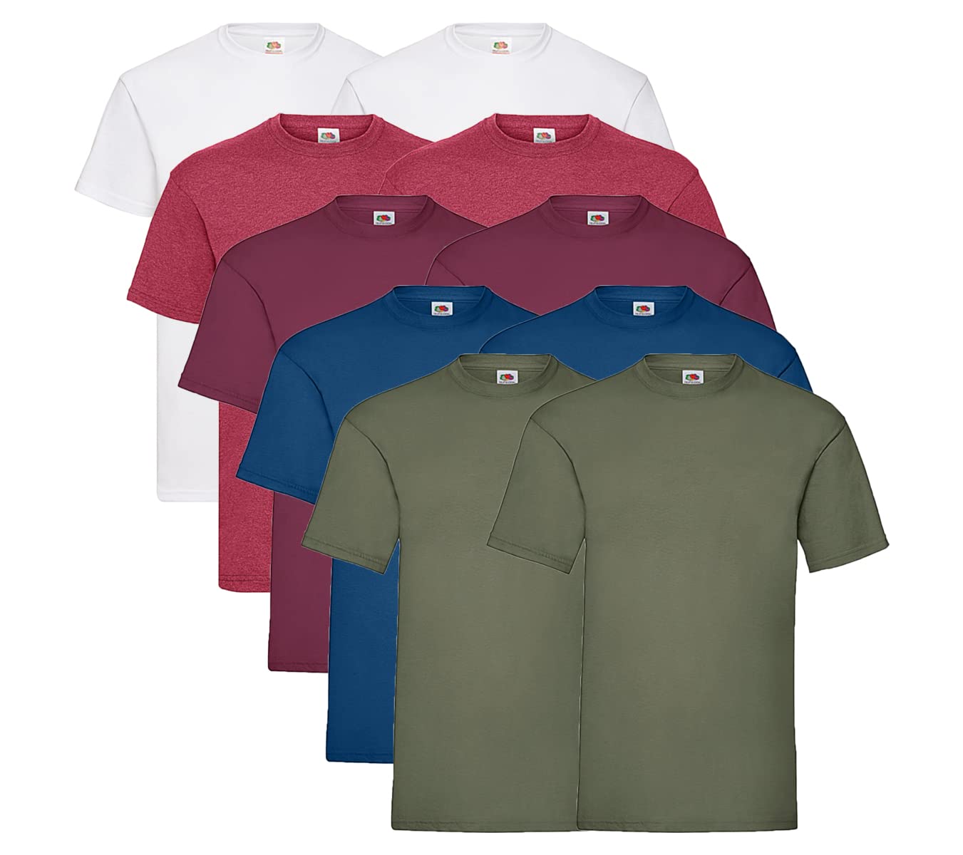 Fruit of the Loom 10 T Shirts Valueweight T Rundhals S M L XL XXL 3XL 4XL 5XL Übergröße Diverse Farbsets auswählbar, 2 Weiss / 2 Vintage Red / 2 Burgund / 2 Navy / 2 Olive + 1 HL Kauf Notizblock, 3XL