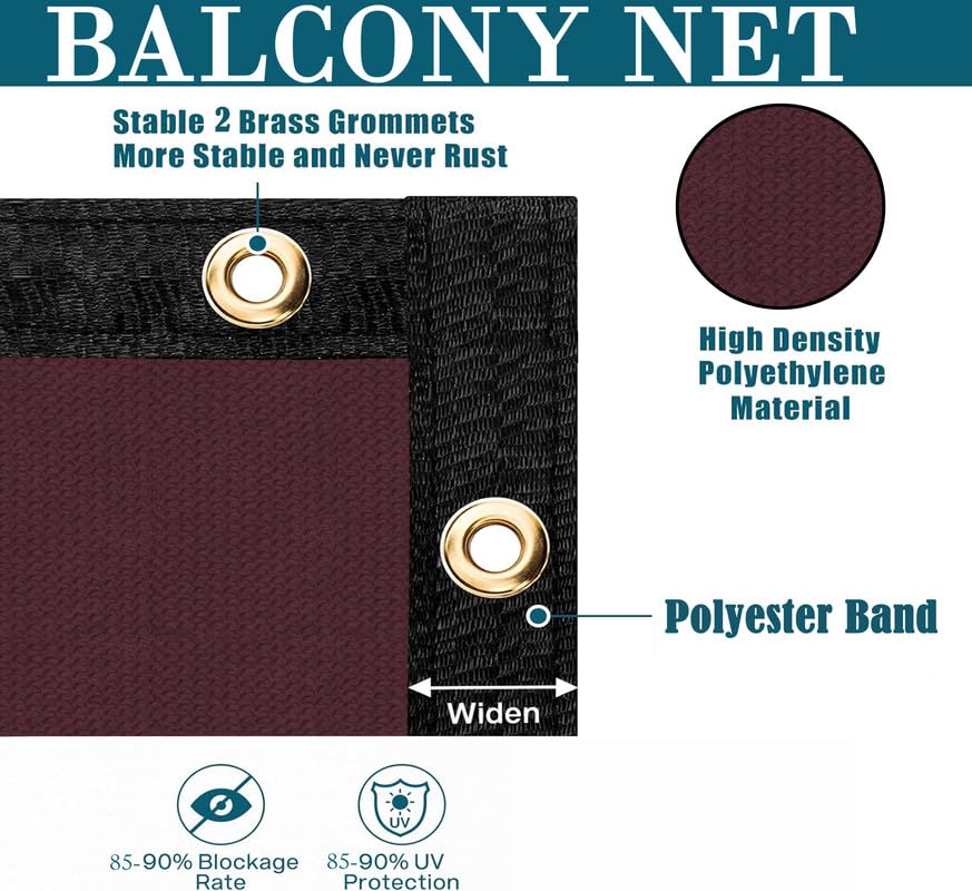 MetDeals HDPE Balcony Baby Safety Net with Polyester Webbing for Railing | 85% Sun & UV Blockage Balcony Safety Net with Rust-Free Grommets & Cable Tie for Easy Installation(Wine, 0.90X1 MTR) 2