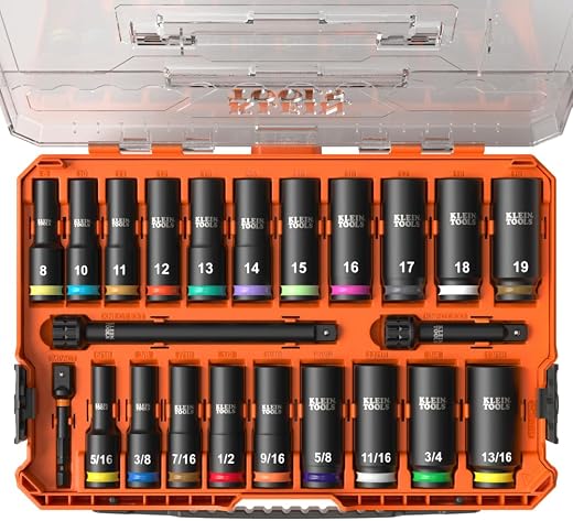 Klein Tools 65121IMPCT KNECT Deep-Well 3/8-Inch Drive Impact Socket Set, SAE and Metric, 23-Piece Tool Set, Impact Driver ...