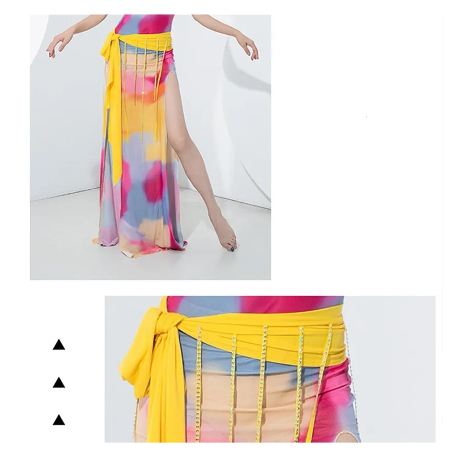 Set di Abiti Shaabi Baladi for Danza del Ventre da Donna, con Maniche Corte a Balze e Stampa, Sexy, con Spacco Laterale
