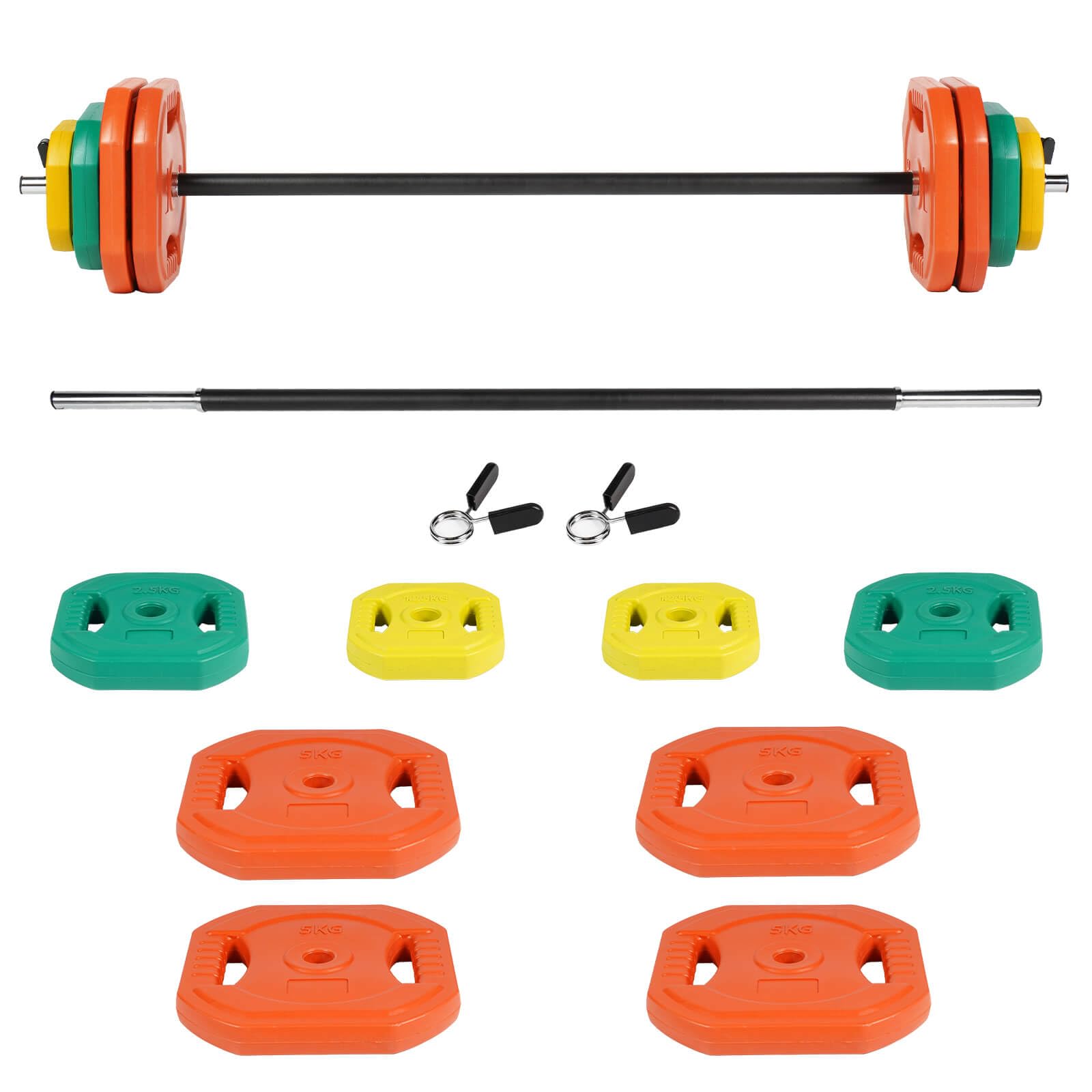 Plástico Set de Pesas con Barra, Discos de Colores de 7.5kg, 5kg, 2.5 kg y 1.25 kg,Juego de Mancuernas de 20/30/40/50kg
