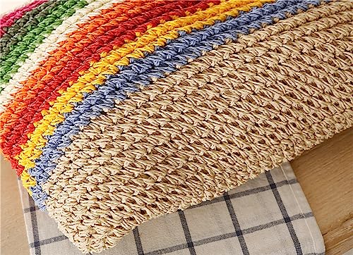 Image of Rainbow Straw Bag for Women Contrast Striped Straw Shoulder Bag Beach Tote Bag Summer Straw Hobo Handbag 2024 Straw Purse