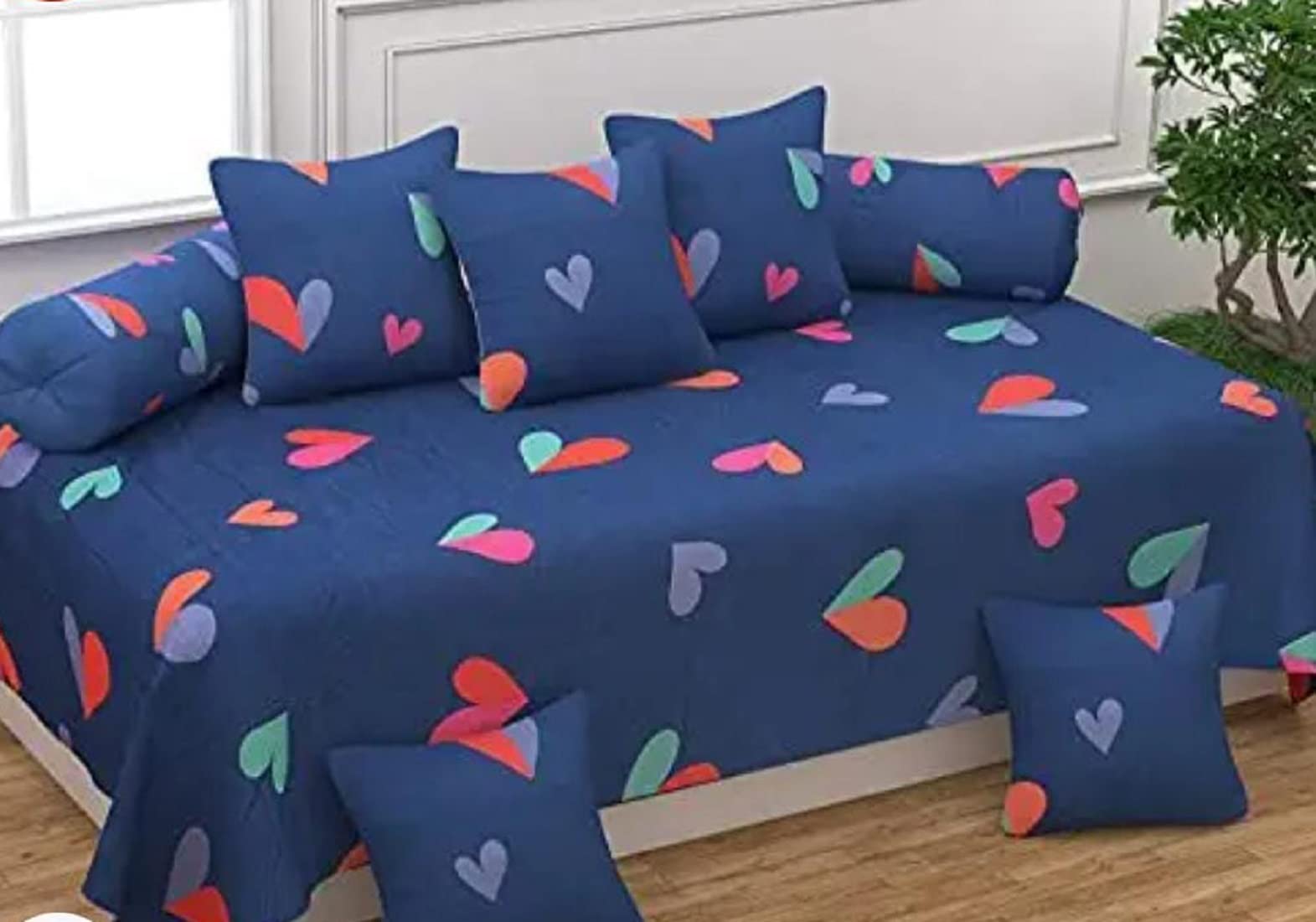 FASSCETE Microfiber Glace Cotton Floral Design Diwan Set of 8 Pieces 1 Bedsheet 60x90inch 2 Bolster Covers 16x32inch 5 Cushion Covers 16x16inch (Diwan Set, Multicolor).