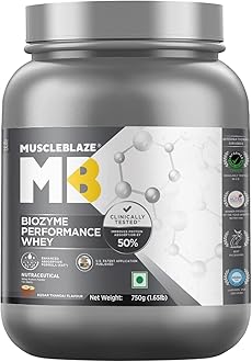 MuscleBlaze Biozyme Performance Whey Protein, Kesar Thandai (750g / 1.65lbs) | 25g Protein Per Scoop | Clinically Tested 50% Higher Protein Absorption