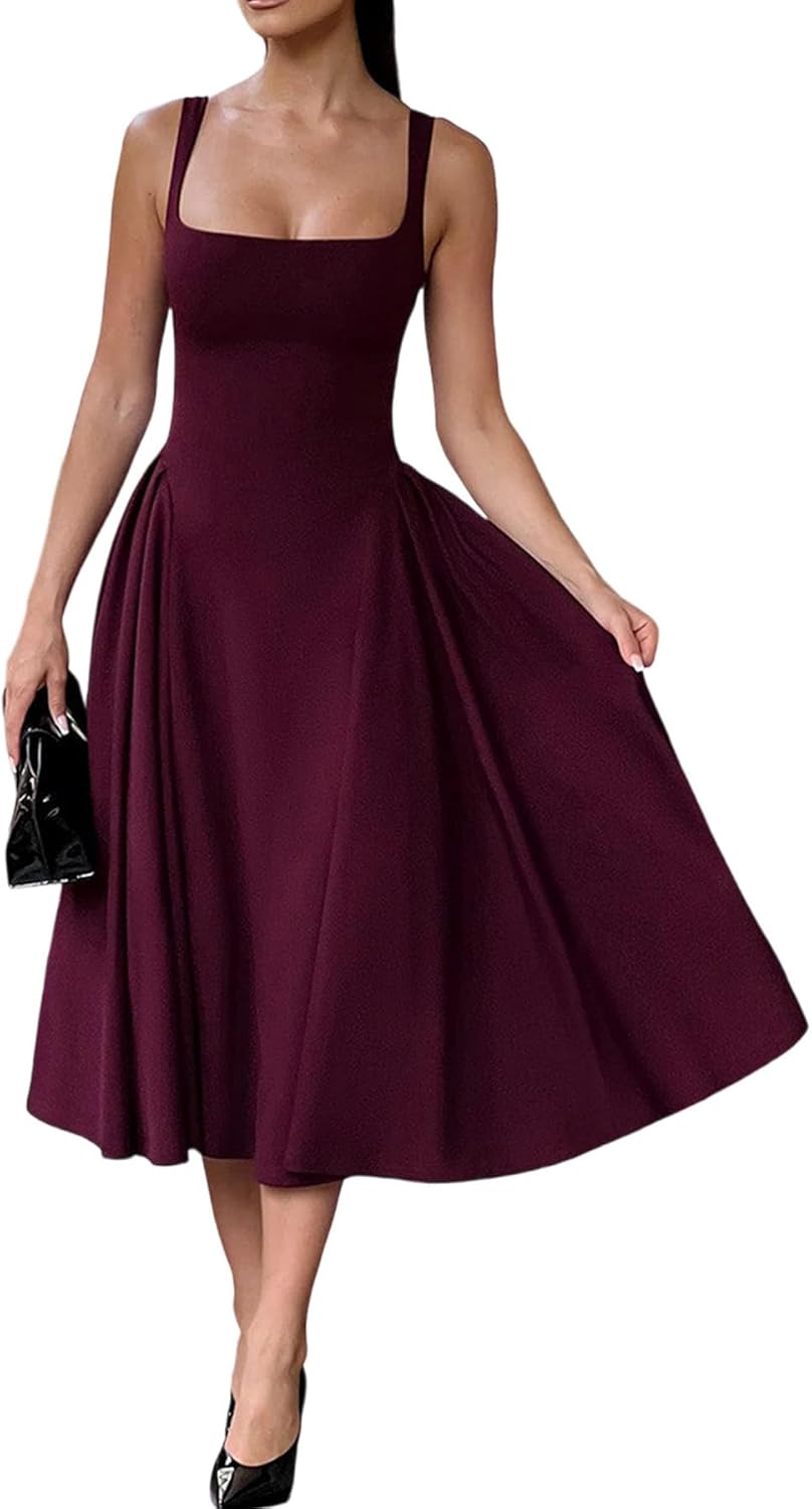 Women's Square Neck Maxi Prom Dresses Flowy A Line Sleeveless Sundress Tank Summer Casual Vacation Dress