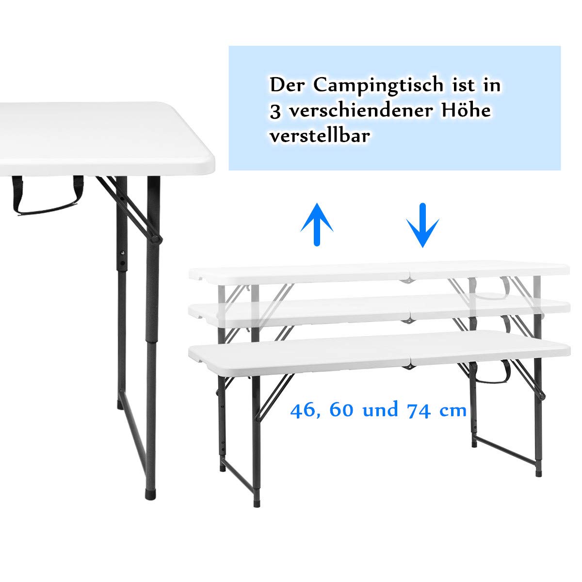 RELAX4LIFE Campingtisch kalppbar, Klapptisch mit Tragegriff, Tapeziertisch belastbar bis 150 kg, Gartentisch höhenverstellbar, Multifunktionstisch zum Campen für Festivalls Märkte, (122 x 61 x 74 cm)