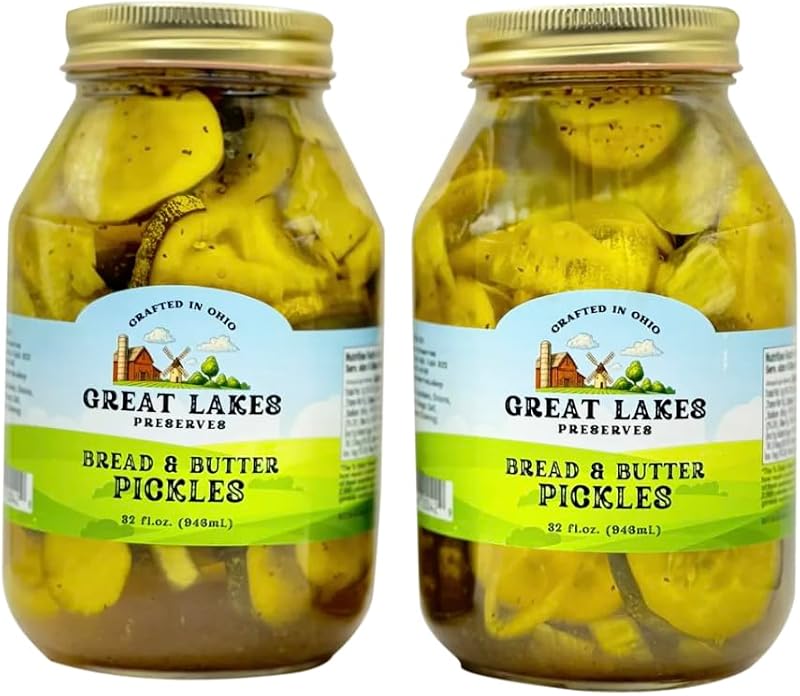 Great Lakes Preserves pepinillos encurtidos de pan y mantequilla, chips de pepinillos dulces sin gluten, pepinos encurtidos crujientes estilo casero con cebolla, sin conservantes artificiales, lote pequeño elaborado en Ohio, 32 oz (paquete de 2)