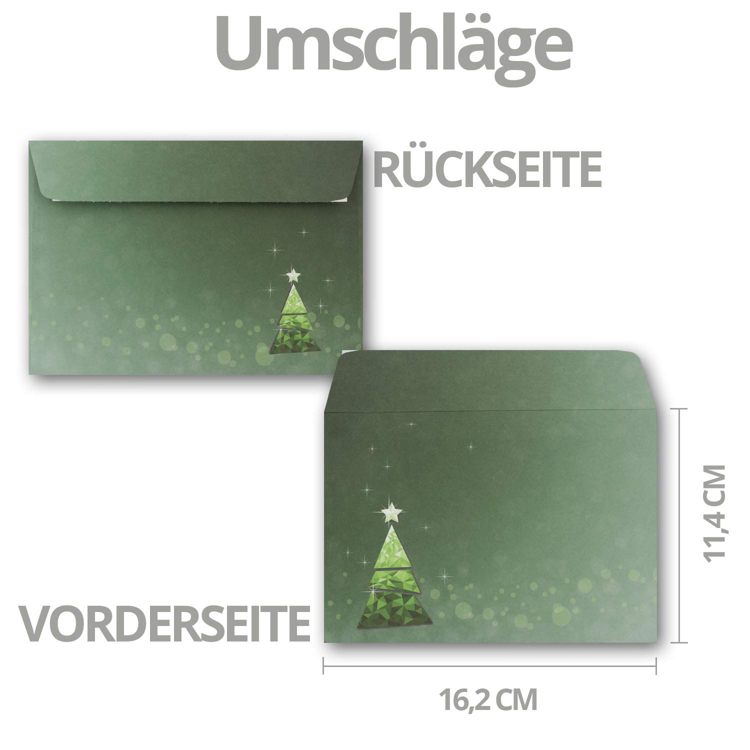 NEUSER PAPIER 75x Weihnachtskarten-Set DIN A6 mit grünem Weihnachtsbaum in Glasmosaik-Optik - Faltkarten mit passenden Umschlägen DIN C6 in Grün - Weihnachtsgrüße für Firmen und Privat