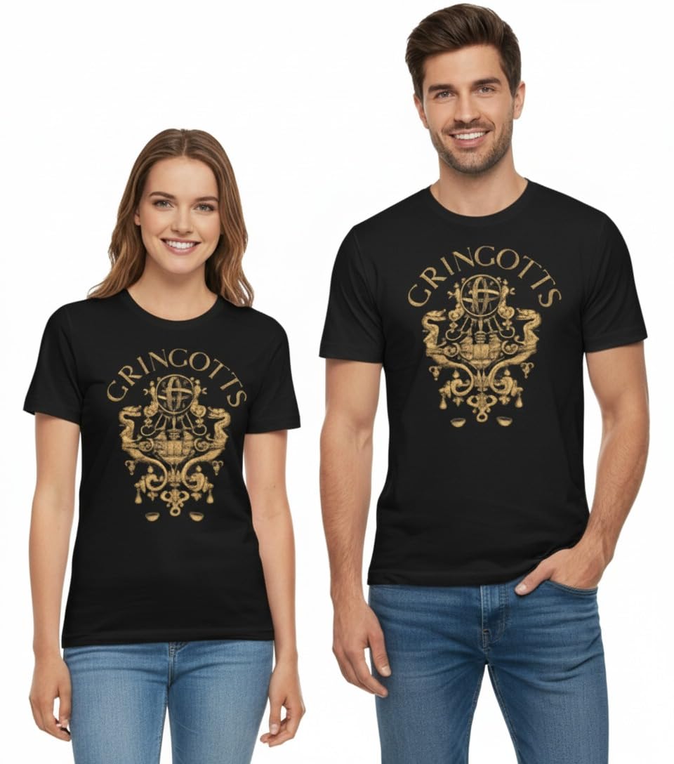 Gwcc Unisex Black Licensed Harry Potter Gringotts With Gold Foil Print On T-Shirt, Sizes Xs To 2XL (Uk, Alpha, Xxl, Regular, Regular, )