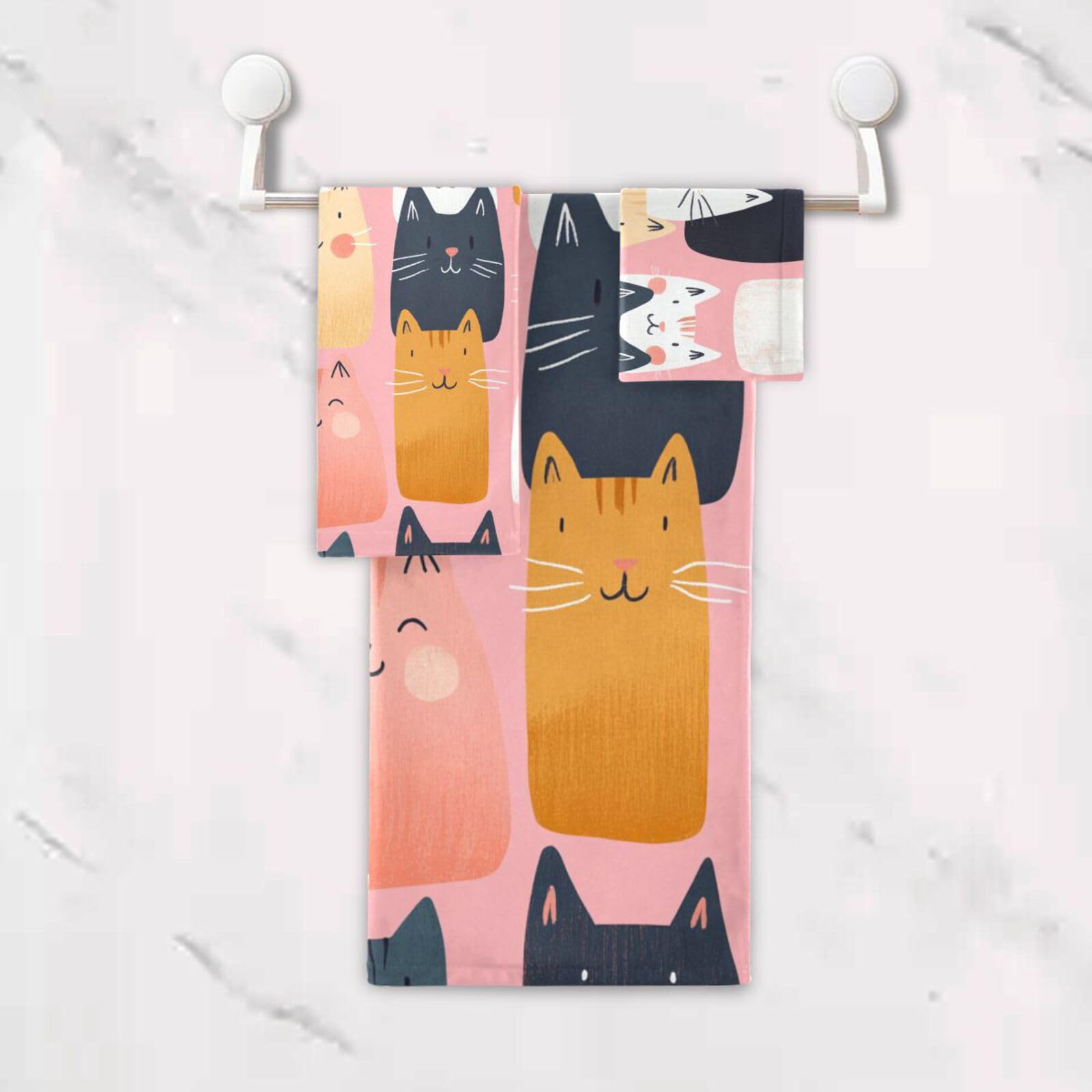 Set di 3 asciugamani da viso con illustrazione di gatto in stile cartone animato, 3 pezzi, 1 asciugamano da bagno, 1 asciugamano per le mani, 1 panno per il viso del corpo