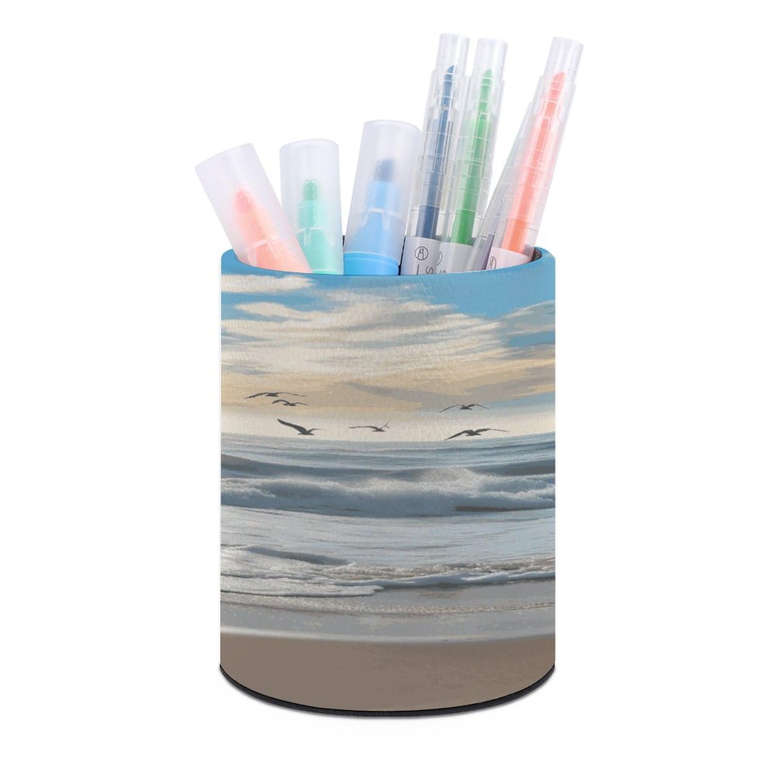 LDGSUPH Waves on The Beach with Sea Birds Round Pen Holder Leather Pen Cup Pencil Cup Pen Organizer Pencil Holder for Desk Organizer Pencil Organizers Makeup Brush Holders for Home Office Gift