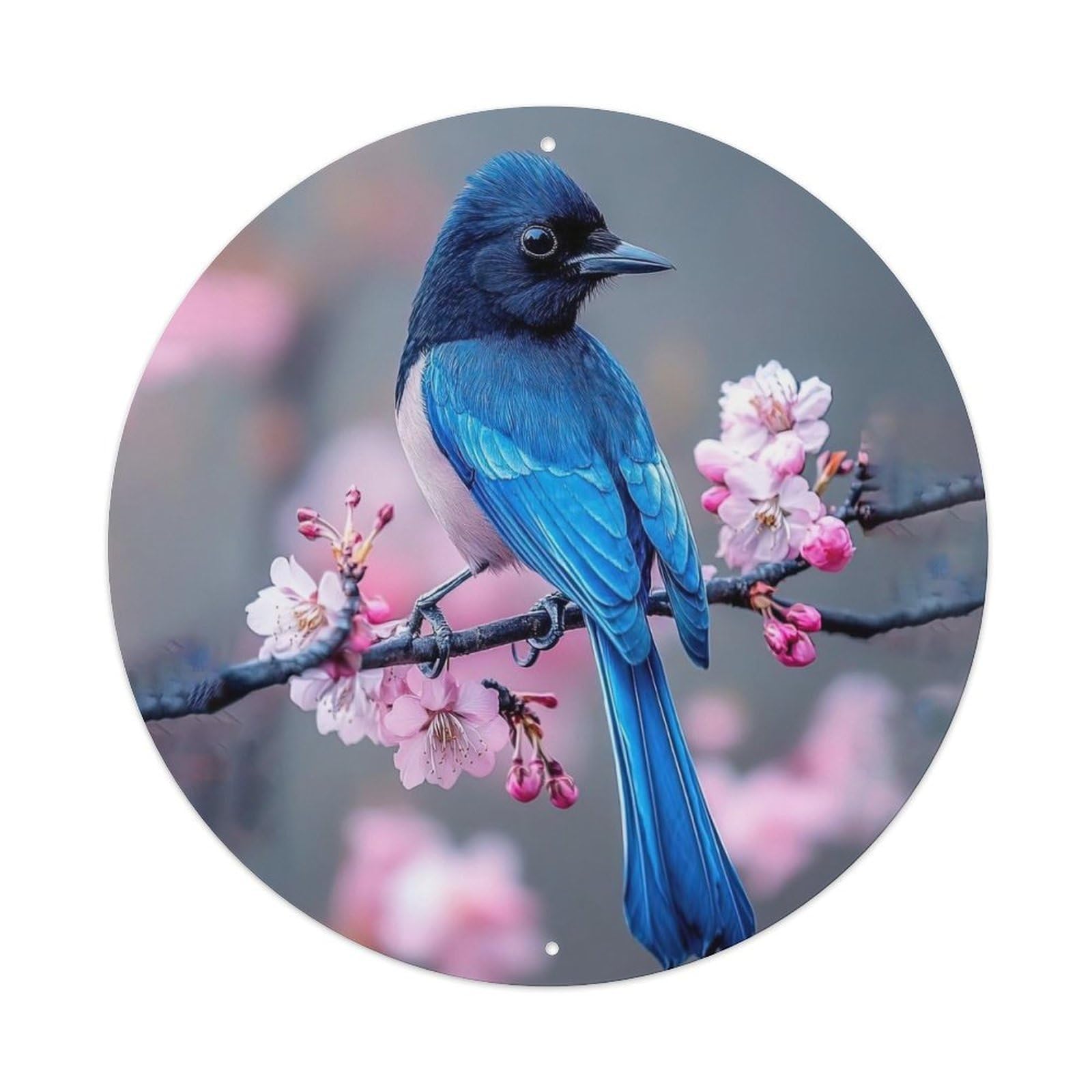 Cwbufd Vintage Style Animal Blue Bird On Cherry Blossom Branch Hyperrealistic Wildlife Nature Vintage Metal Tin Sign Plaque Wall Decor For Cafe, Club Bar, Office, Garden Metal Poster 8X8inch