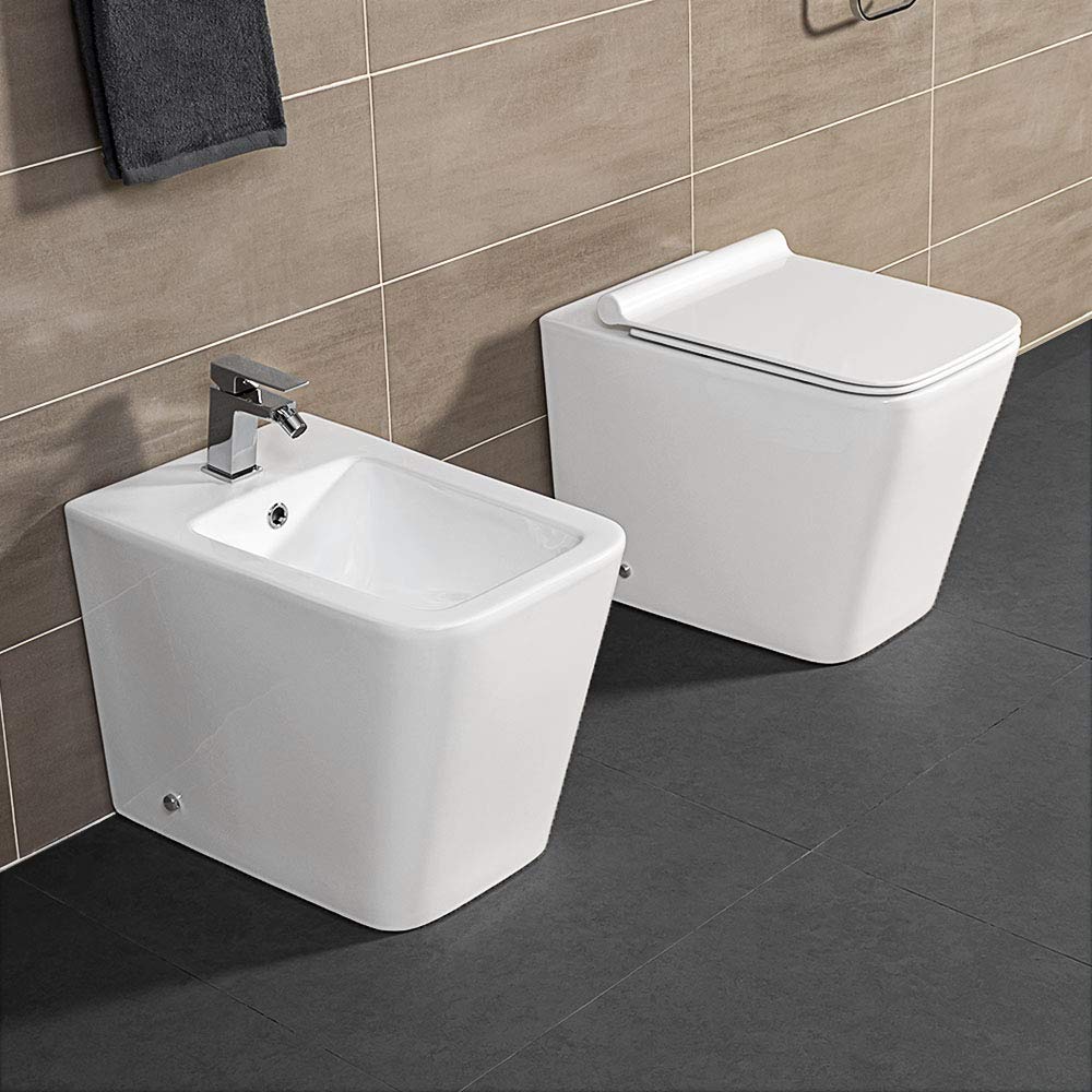 Coppia Sanitari Filo Muro o filoparete Rimless, Bianco, Design squadrato moderno, Completo di Copriwater con Chiusura Soft-Close (Bianco Lucido)