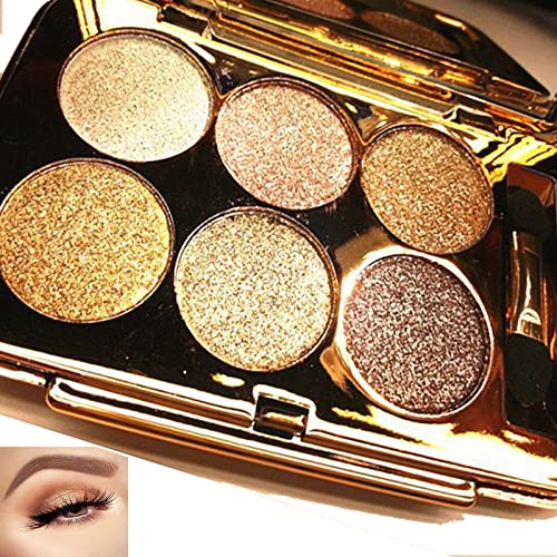 Glitter Eyeshadow Palette Makeup Set,6 Colors Shimmer Eyeshadow Palette Gold Eyeshadow Highly Pigmented Long Lasting Waterproof Nude Eyeshadow Palette Make Up Palettes for Women 2-5 Days Delivery