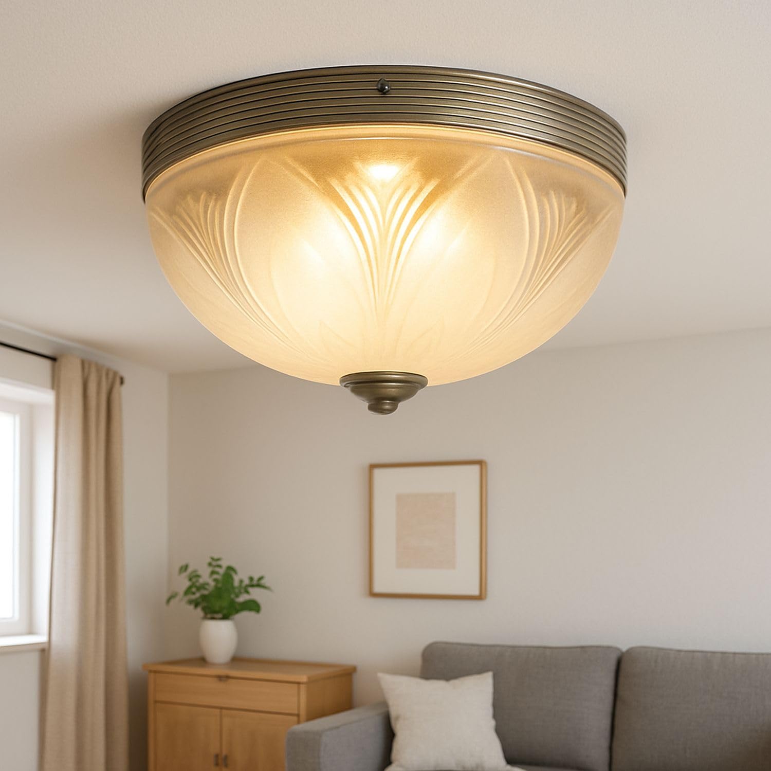 Licht-Erlebnisse Deckenleuchte Jugendstil Messingoptik rund, 2 x E27, Glas, Durchmesser 30 cm, Deckenlampe für Wohnzimmer Flur Schlafzimmer Esszimmer
