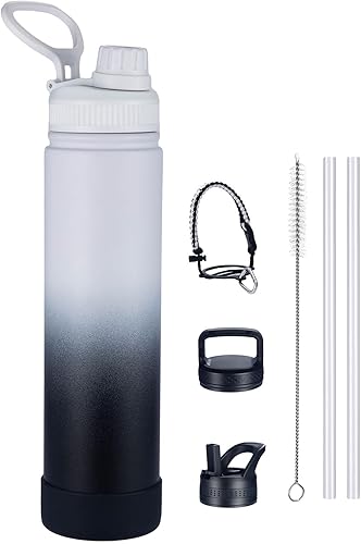 Botella de agua aislada con 3 tapas, frasco de doble pared de acero inoxidable con mango de paracaídas, funda protectora de silicona, 2 popotes, a