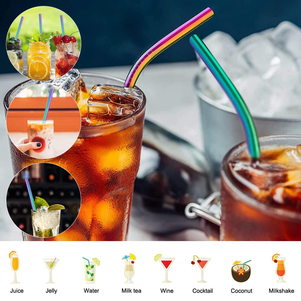 DGN Pajitas de Acero Inoxidable,Juego de 12 Piezas Pajitas Reutilizables,Pajitas Metalicas con 2 Cepillos de Limpieza,Pajitas Metal de Colores(Rectas+Curvas),para Juice,Coffee,Mojito,Batidos,sin BPA