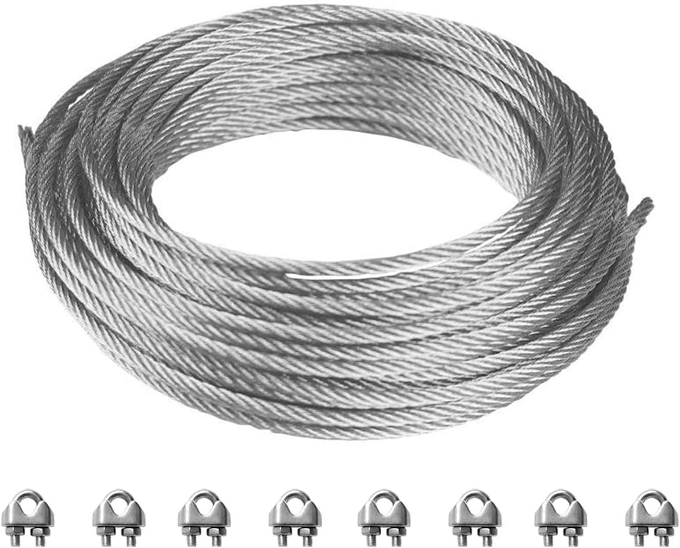 Windscreen4less Shade Sail Wire Rope and 8 Pcs Clips, Wire Cable Galvanized Metal Clamp, 3/16-Inch x 102 Feet