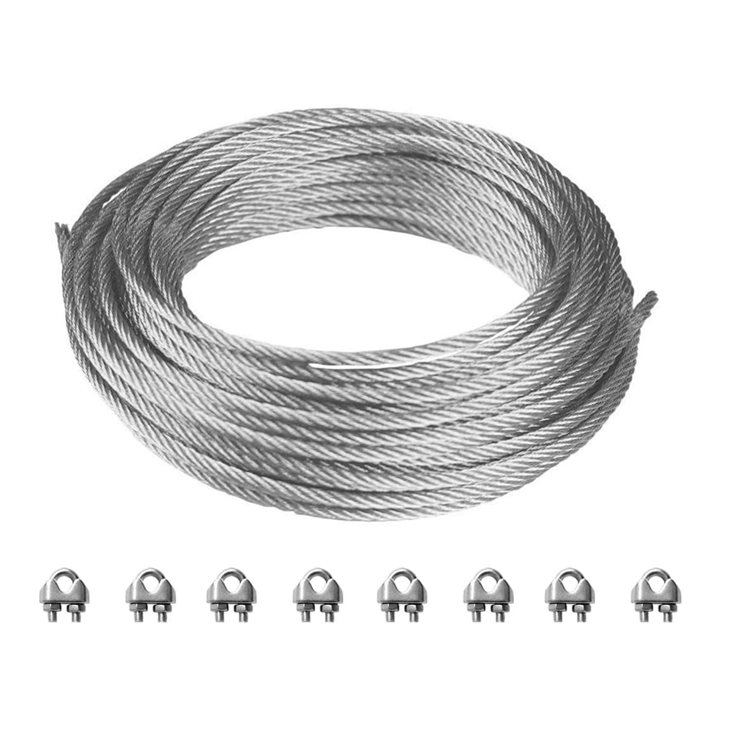 Windscreen4less Shade Sail Wire Rope and 8 Pcs Clips, Wire Cable Galvanized Metal Clamp, 3/16-Inch x 24 Feet