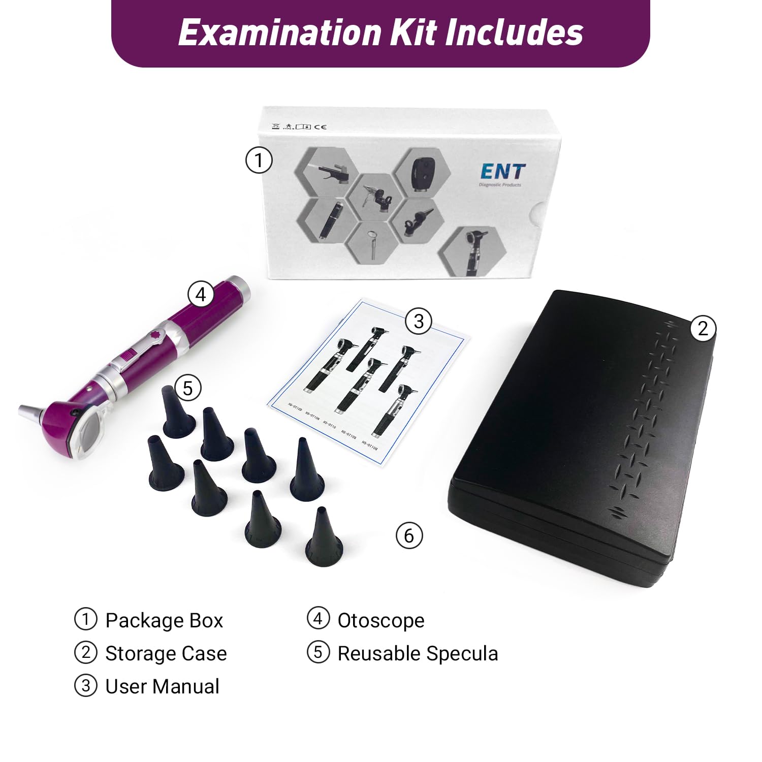 Scian Otoscopio de fibra óptica con estuche de plástico duro, Detector de infecciones del oído diagnóstico de bolsillo para médicos, enfermeras, niños, perros, uso doméstico (Nuevo violeta)