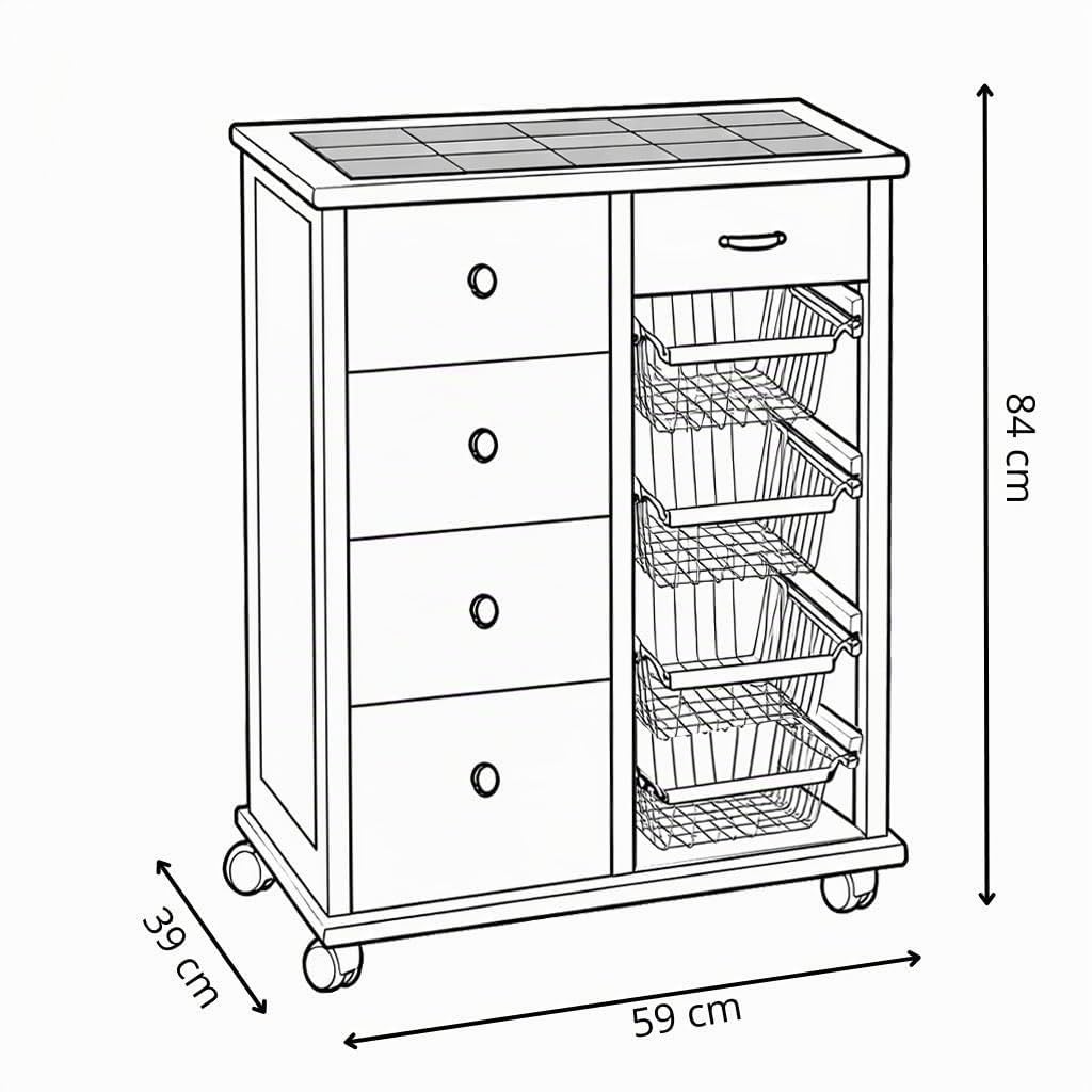 Liberoshopping Carrello cucina cassettiera OTELIA in legno di faggio con 4 cassetti, 4 cesti portafrutta in acciaio, ruote piroettanti e piano con mattonelle in ceramica – Made in Italy (Naturale)