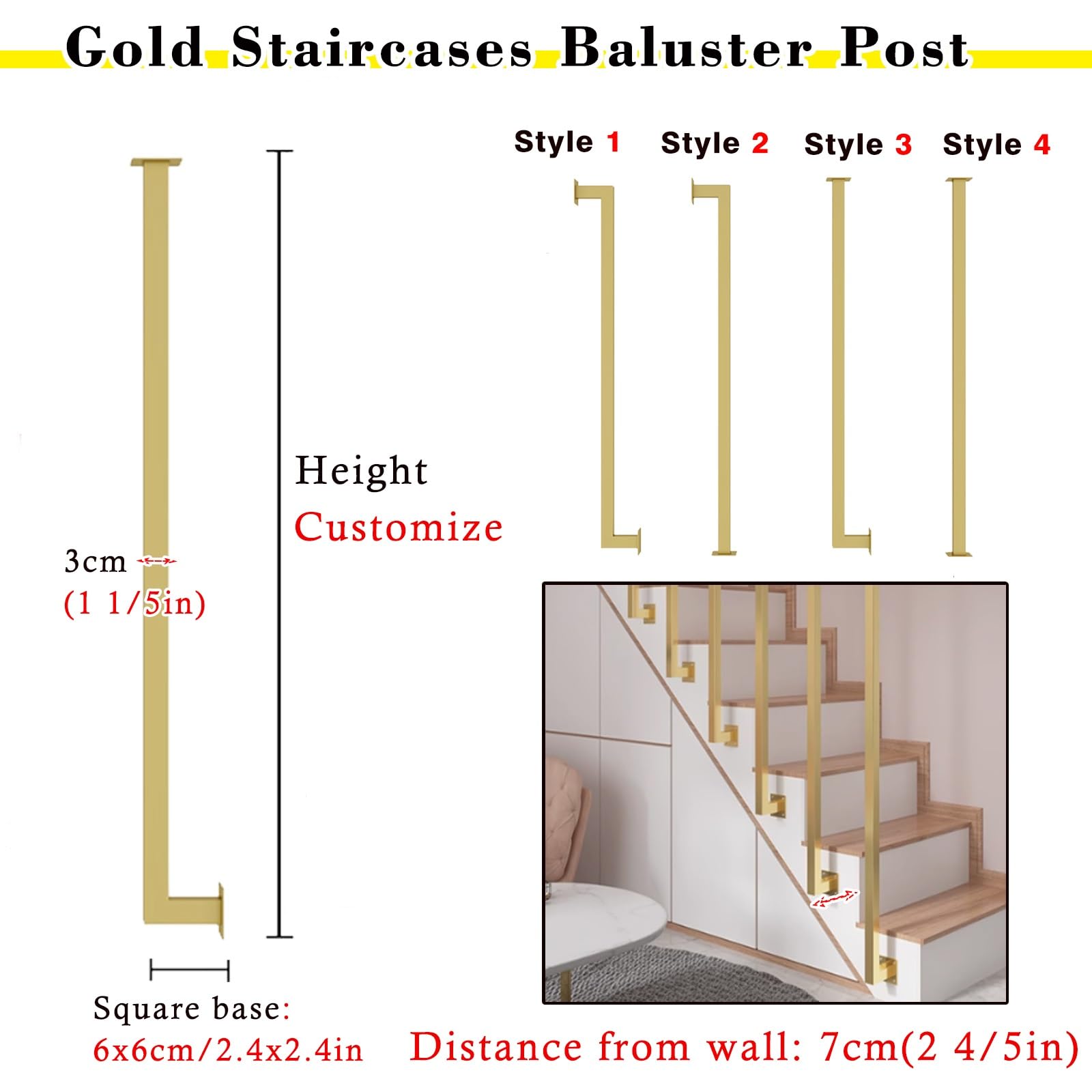 Konfigurowalne złote balustrady schodowe zamiennik do użytku mieszkalnego i komercyjnego 16-100 cali wysokie drążki balustradowe do biura loftu foyer hotelu - styl B 30 cm/11,8 cala
