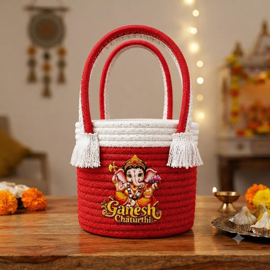 Ganesh Chaturthi Return Gift Bags for Guests, Ganpati Bappa Printed Bags with Rope Handles & Decorative Tassels, Reusable Multicolour Pooja Gift Bags for Ganpati Pooja, Festivals, Parties & Celebrations