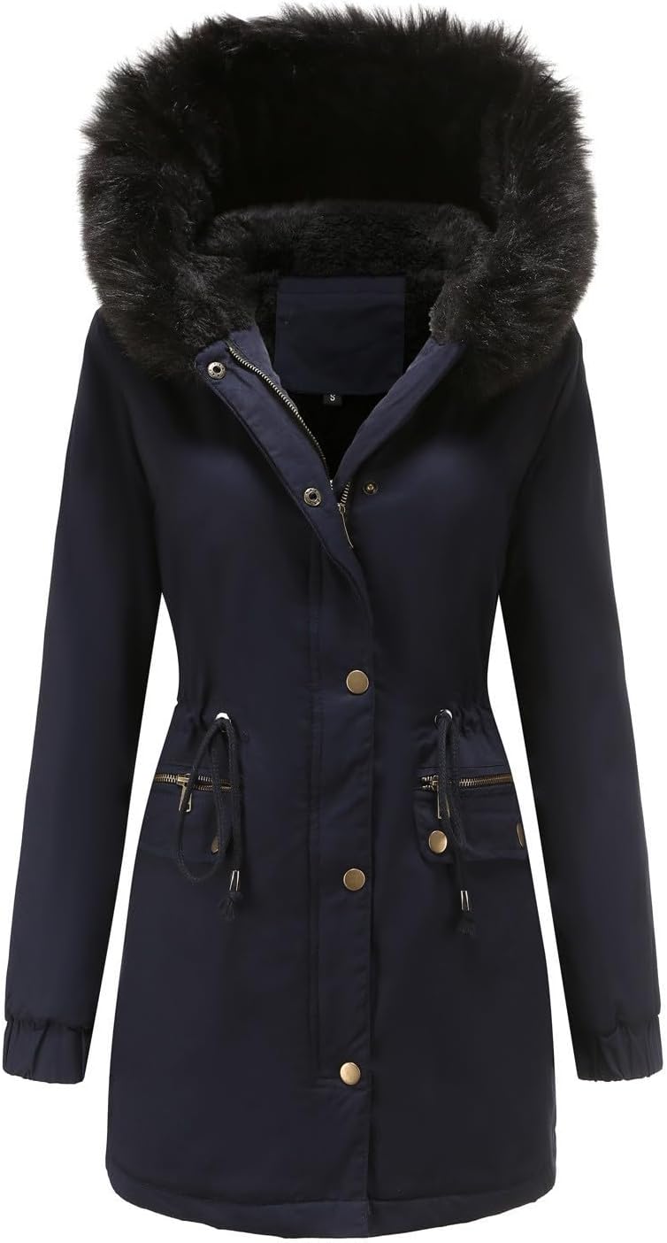 Women's Winter Long Coat Hooded Warm Fleece Lined Parka Jacket with Fur Trim Anoraks Military Jacket Coats Overcoat