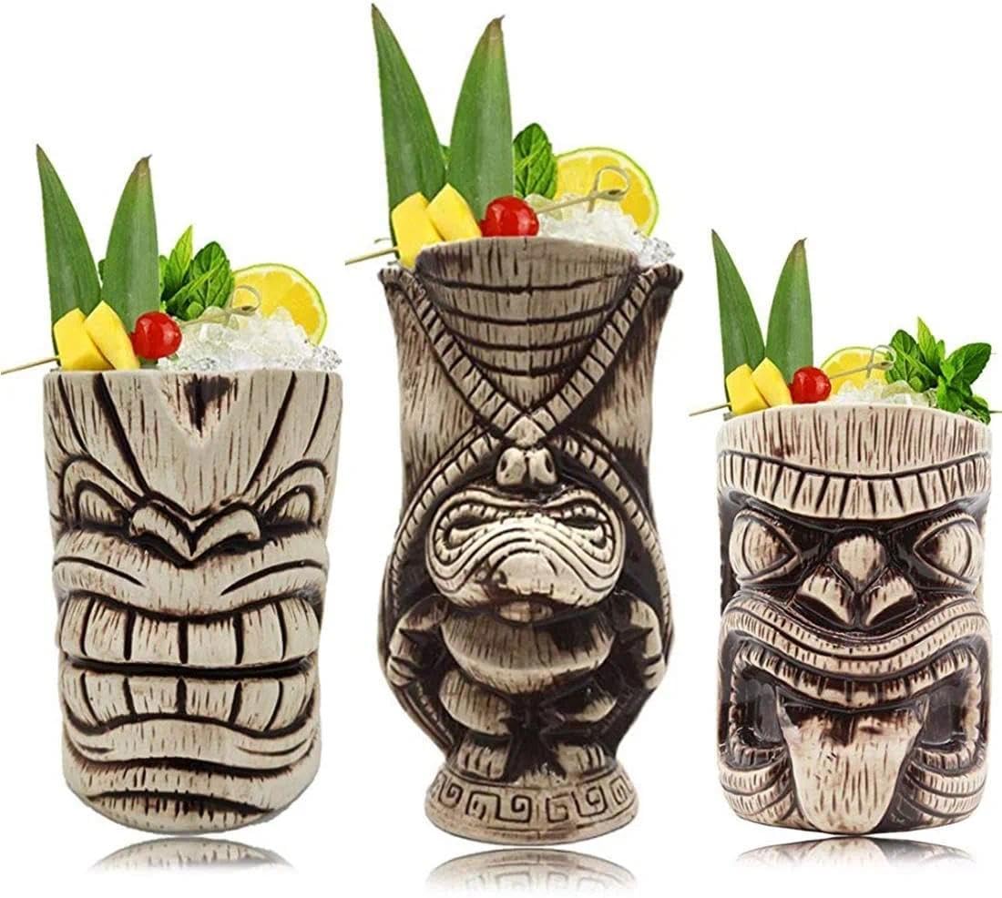 LINALL Ceramic Tiki Cocktail Mugs Set - 3 Count (Pack of 1), 15 oz, Glossy Finish, Teeth & Tongue Design, Perfect for Home, Parties & Tiki Bar