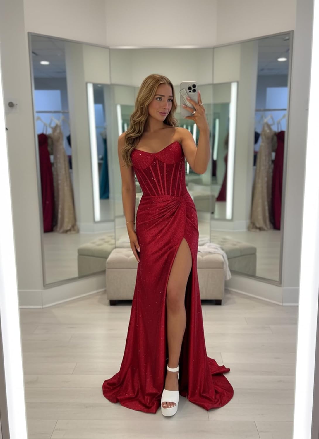 VOfuter Sparkly Sequin Prom Dress for Women Ruched Strapless Long Evening Dresses for Wedding