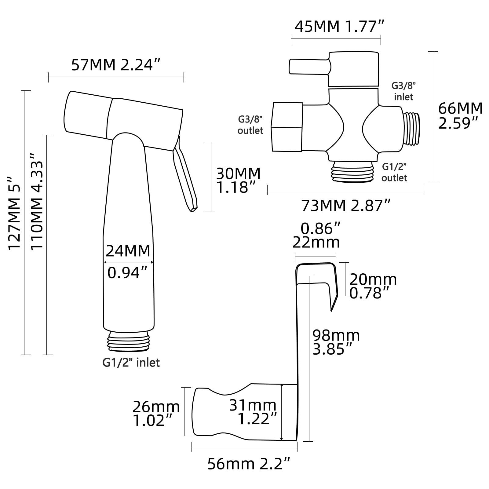Tecmolog Kit Douchette Wc Acier Inox Douchette à Main Bidet avec Vanne WC 3 Voies 3/8"-12/17 et Tuyau de Douche 1.2m, Idéal pour WC Suspend, WS024F8