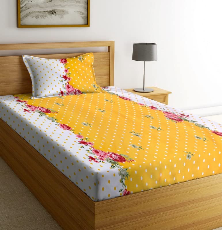 Image of NHD HOME Premium Glace Cotton 180 TC Flat Single Bedsheets for Summer Breathable | Wrinklefree (Size-60 X 90 Inch) with 1 Pillow Covers (Size-17 X 27 Inches, Floral, Yellow & White)