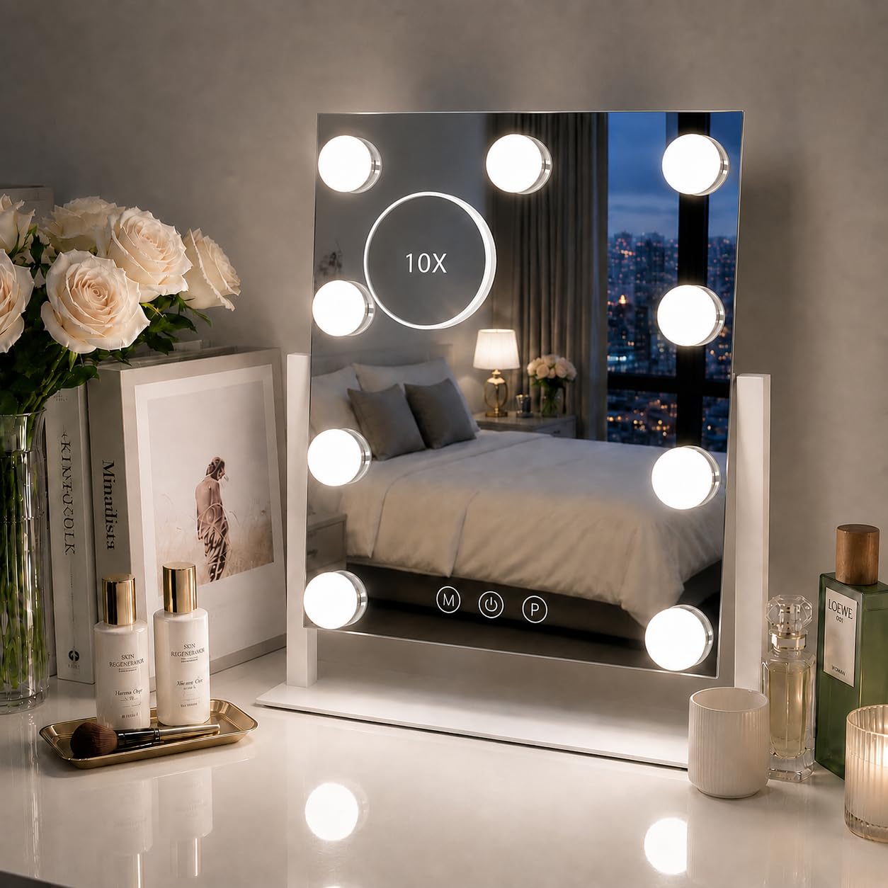 Sucedey Makeup Mirror with Lights, Lighted Vanity Mirror, 3 Color Mode and Dimming, Touch Control, Detachable 10X Zoom Mirror, 360° Rotation -White