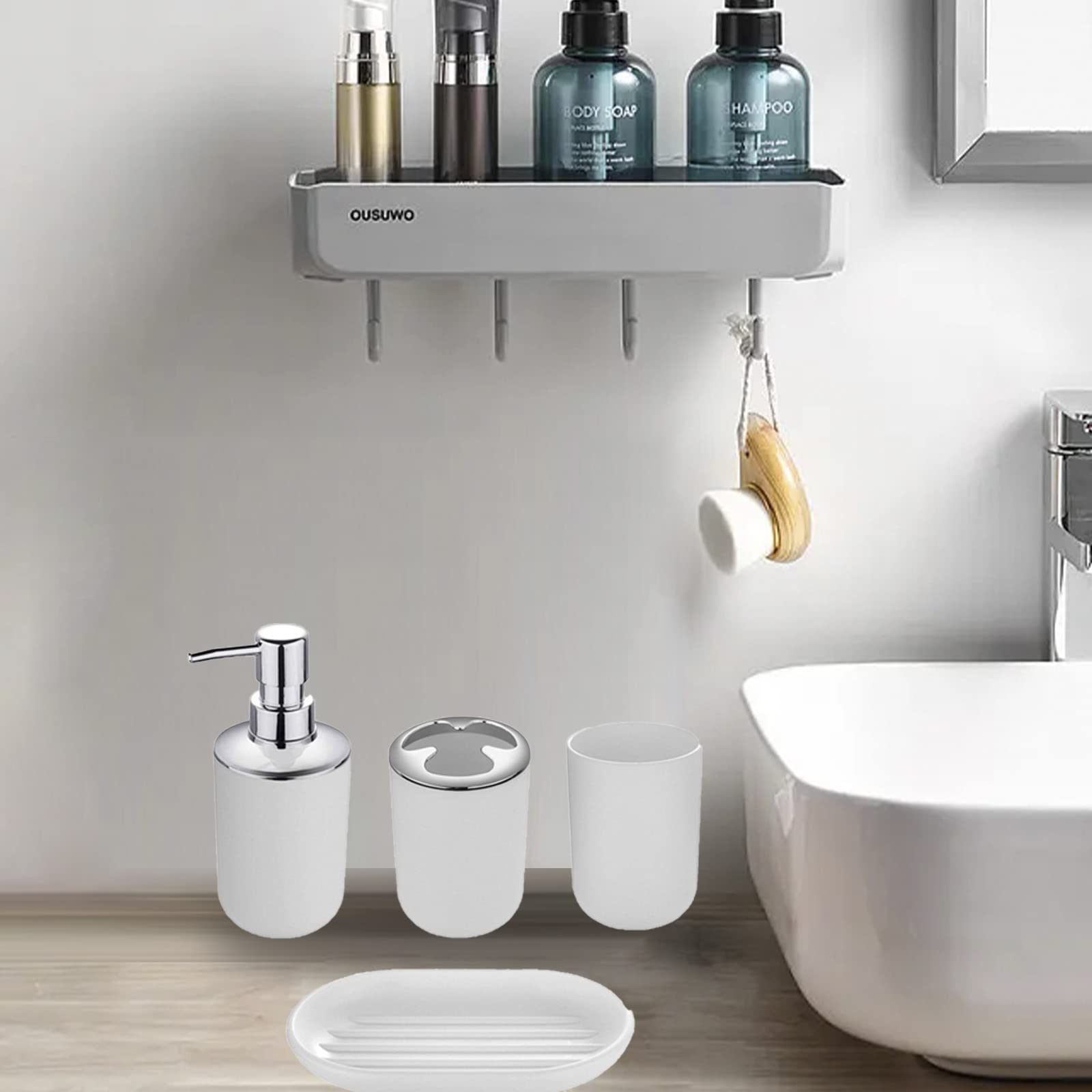 Set di 4 accessori da bagno con dispenser per sapone, tazza da bagno, portasapone, portaspazzolino e dentifricio (bianco)