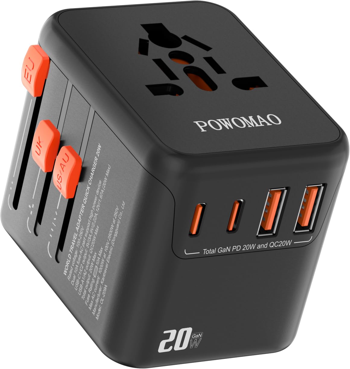 POWOMAO Universal Travel Adapter Worldwide with 2 USB C and 2 USB A Ports,Travel Plug UK to World with Dual 10A Fuses,20W All In One International Travel Adapter for EU USA UK AU Thailand,Japan,Asia