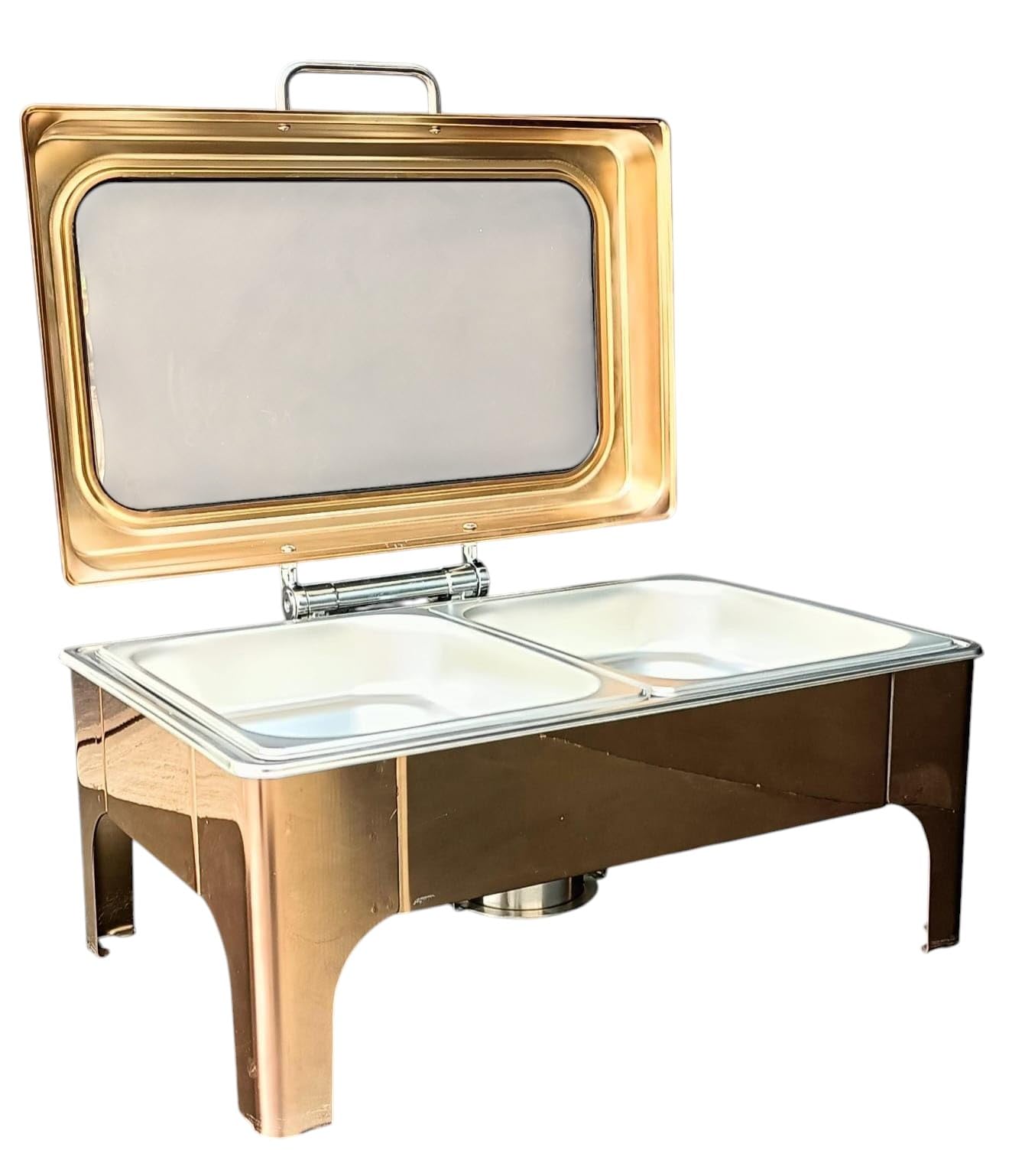 Shoppers Hub PNQ Rose Gold 9L Rectangle Chafing Dish with Gel Based Container - Transparent Lid, Hydraulic Soft Close, Gel-Based Heating � Premium Buffet Food Warmer (Size: 56x36x20cm)