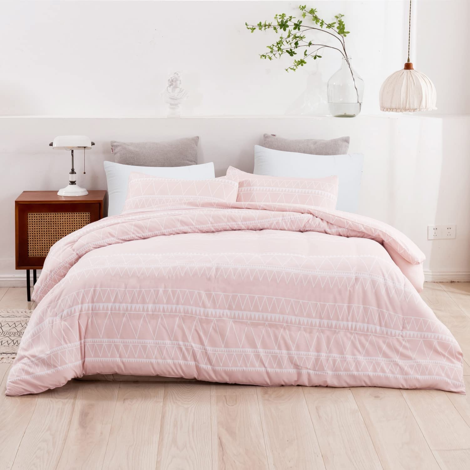 Covebett - Set copripiumino per letto matrimoniale in cotone, bianco con fiocchi rosa e cuori, biancheria da
