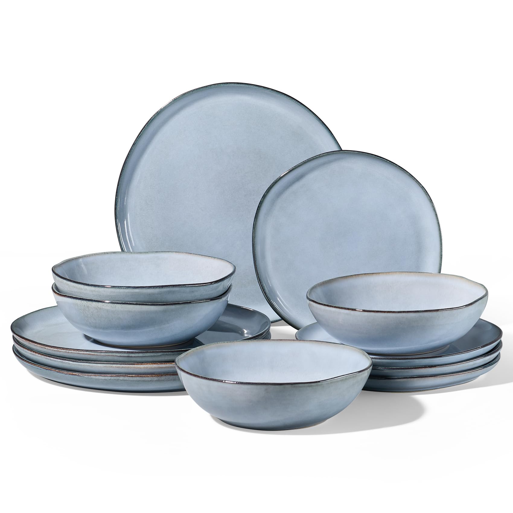 Homikit 12-Piece Dinner Set, Reactive Glaze Stoneware Dinnerware for 4 People, Irregular Shape Plates and Bowls, Non-Toxic & Scratch Resistant, Microwave and Dishwasher Safe - Pearl Blue