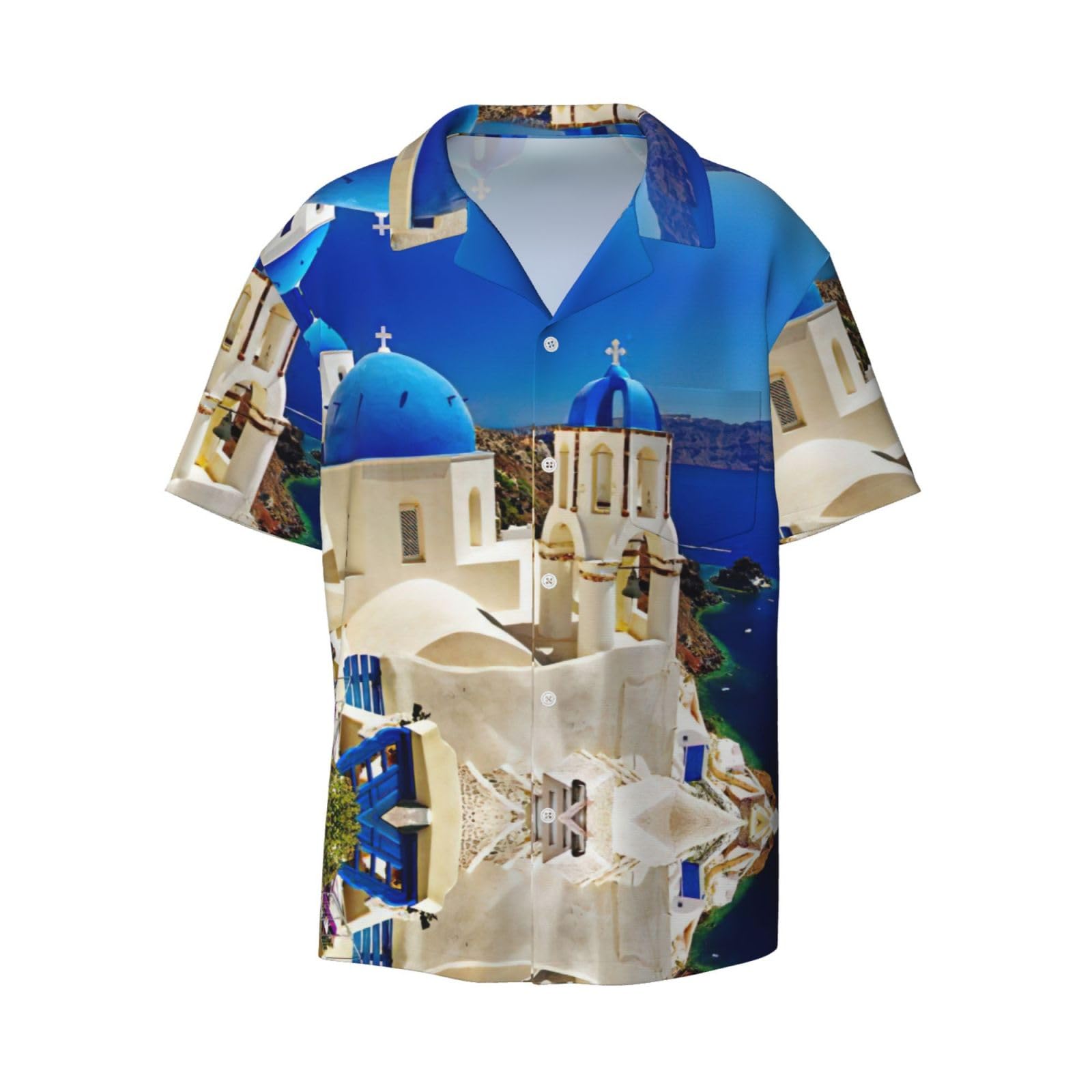 OdDdot Santorini Greek Island Sea View Print Men’s Dress Shirts Athletic Slim Fit Short Sleeve Casual Business Button Down Shirt Black