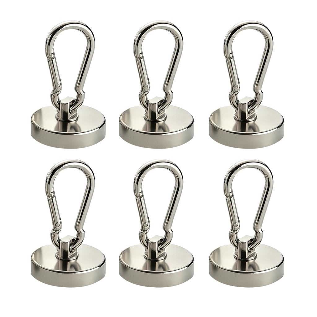 6 Pack Magnetic Hooks Heavy Duty, Strong Neodymium Magnetic Hooks 32lbs Holding Force with 360° Rotating Carabiner, 20mm Magnet Hooks for Cruise Cabin, Refrigerator, Garage, Kitchen, Camping Hanging