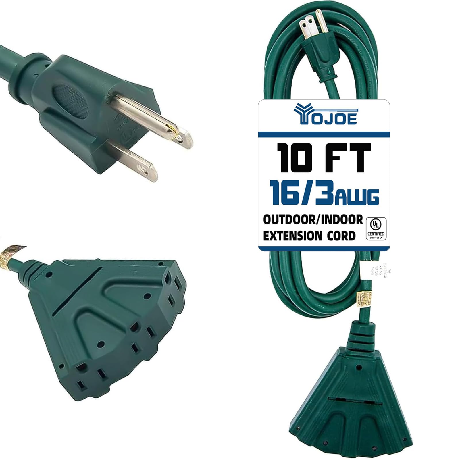 YOJOE 3-Outlet Indoor/Outdoor Extension Cord, 16 Gauge Heavy Duty 10 ft Green