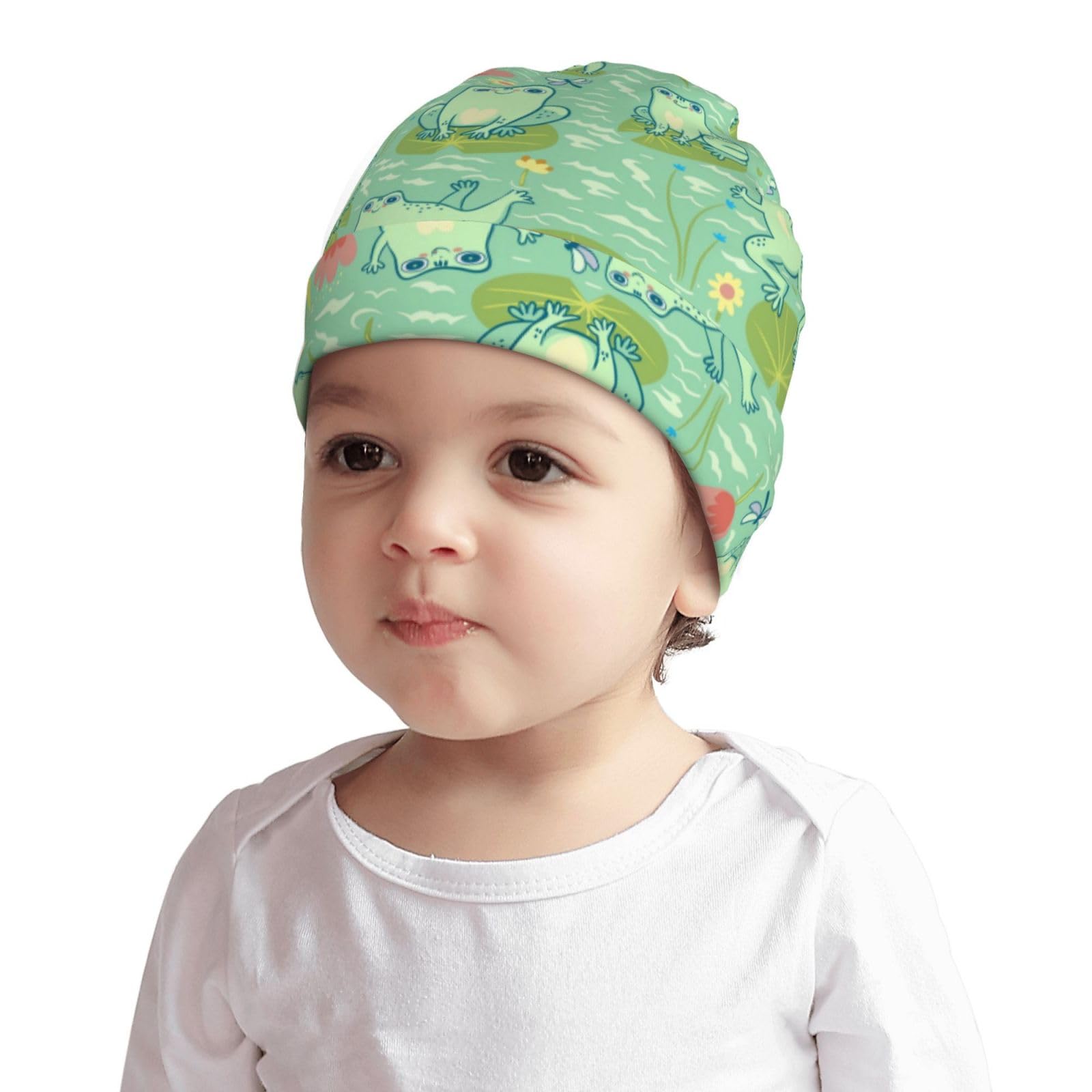 Rqzwdq Cute Cartoon Frog Pattern Kids Beanie Hats Warm Knit Beanie Cap Skull Caps Gifts Decor for Boys Girls White