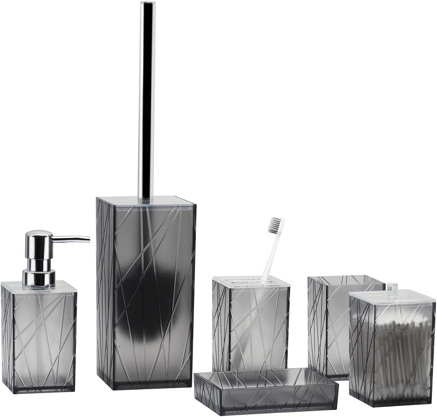 Tazweeq Bathroom Accessory Set, Grey Bathroom Accessories Sets Complete with Soap Dispenser,Toothbrush Holder and Toothbrush Cup, Soap Dish, Toilet Brush and Brush Holder, Cotton Swab Holder