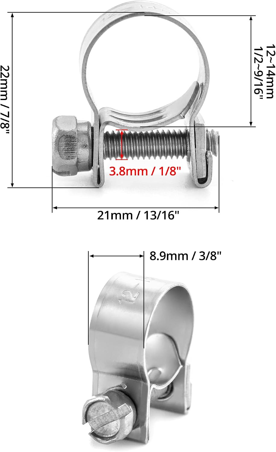 QWORK Fuel Injection Hose Clamps, 12 Pack 12-14mm (15/32"-9/16") 304 Stainless Steel Mini Adjustable Pipe Hose Clamp Set, Smooth Edge, Screw Tightening for Auto Marine Plumbing