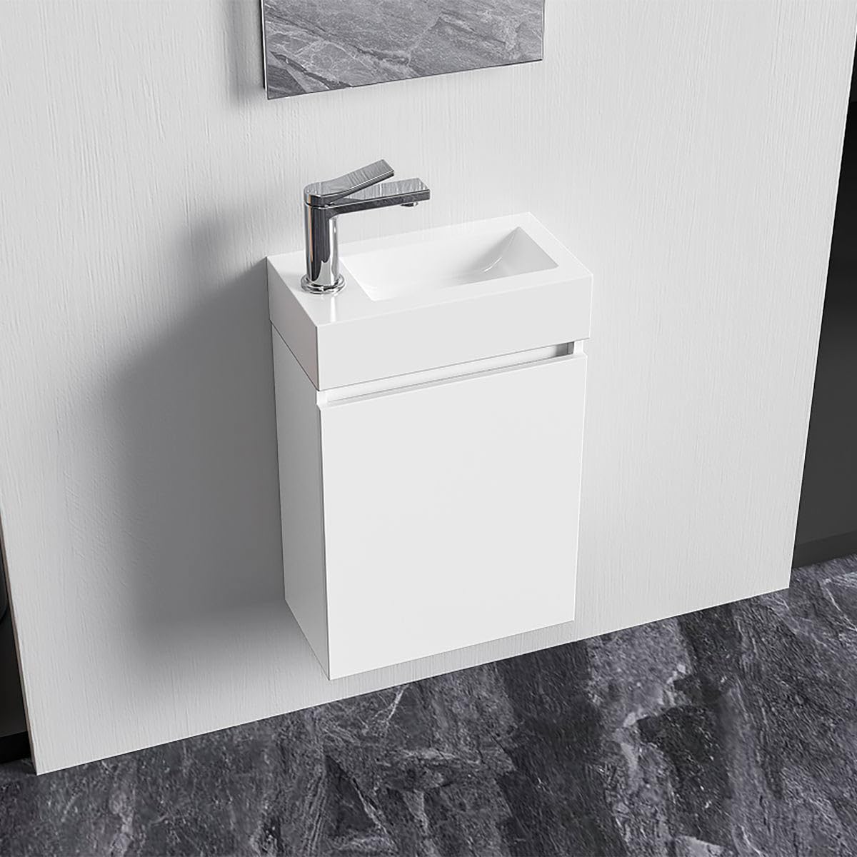 Belvit Badmöbel Set 40 cm, Handwaschbecken aus Kunstmarmor 40,5 x 22,5 cm, MDF Unterschrank grifflos mit Soft Close Tür umkehrbar, Spiegel, wandhängend, inkl Montagematerial, Weiß glänzend