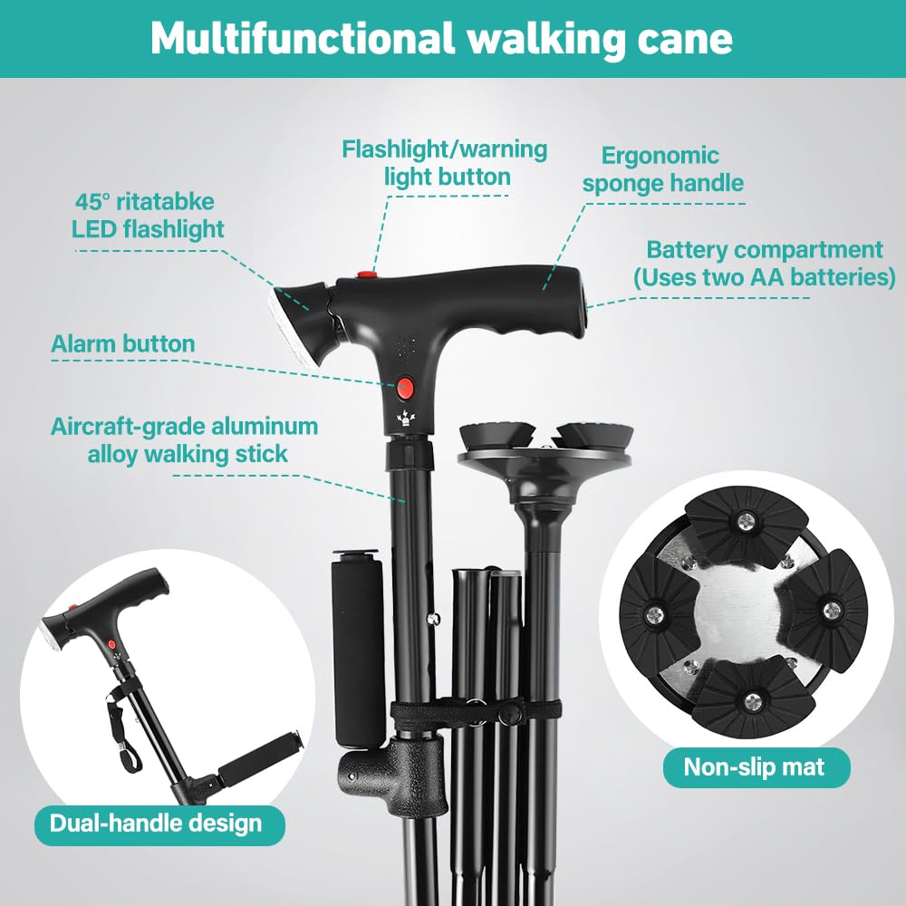 Bastone da passeggio pieghevole, con luce a LED e allarme, portatile, leggero, pieghevole, per uomini e donne, impugnatura ergonomica, base quadrupla, uso quotidiano per anziani e adulti